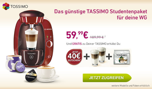 TASSIMO Kaffeeautomat inkl. 40-Euro-Gutschein, Gratis-Kaffee und Gläser