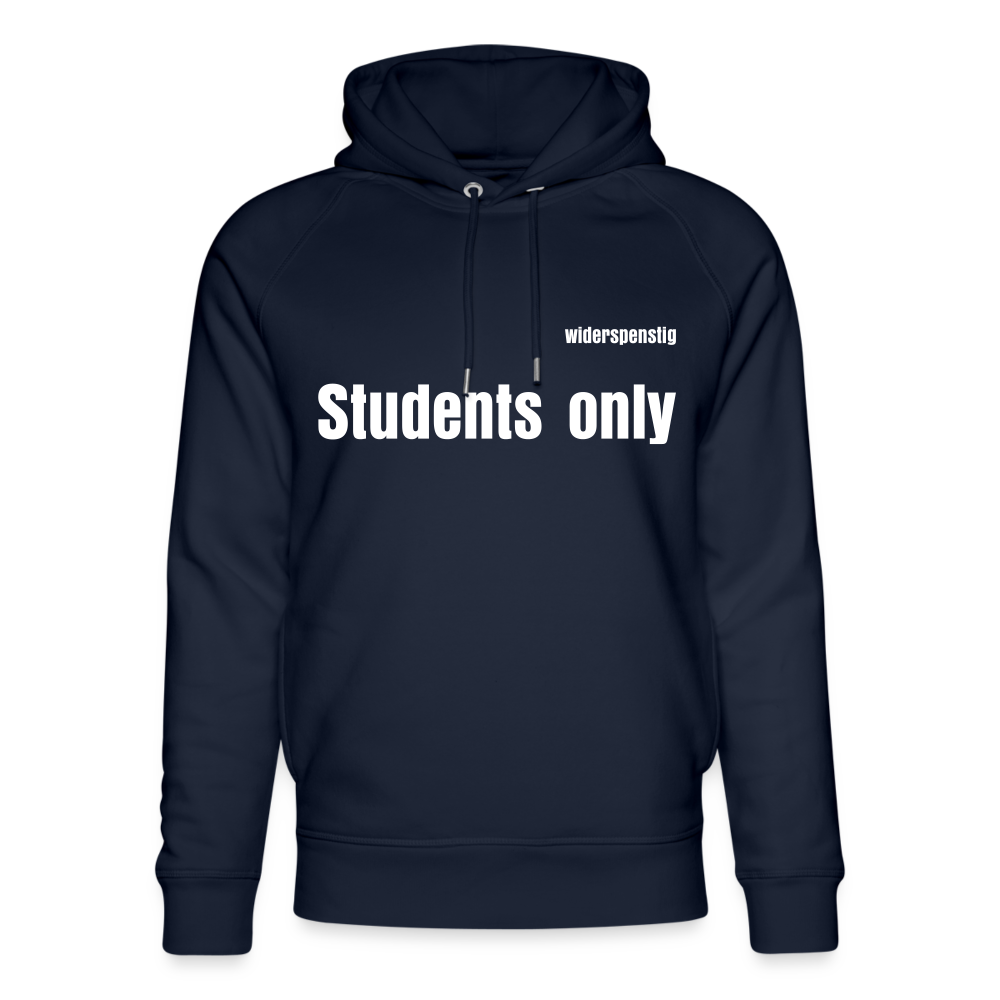 Navy blue men's bio hoodie with 'Students only' text, featuring a cozy design and comfortable raglan sleeves.