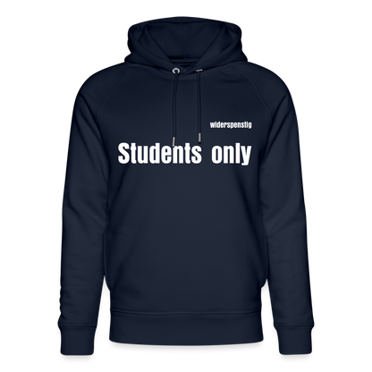 Navy blue men's bio hoodie with 'Students only' text, featuring a cozy design and comfortable raglan sleeves.