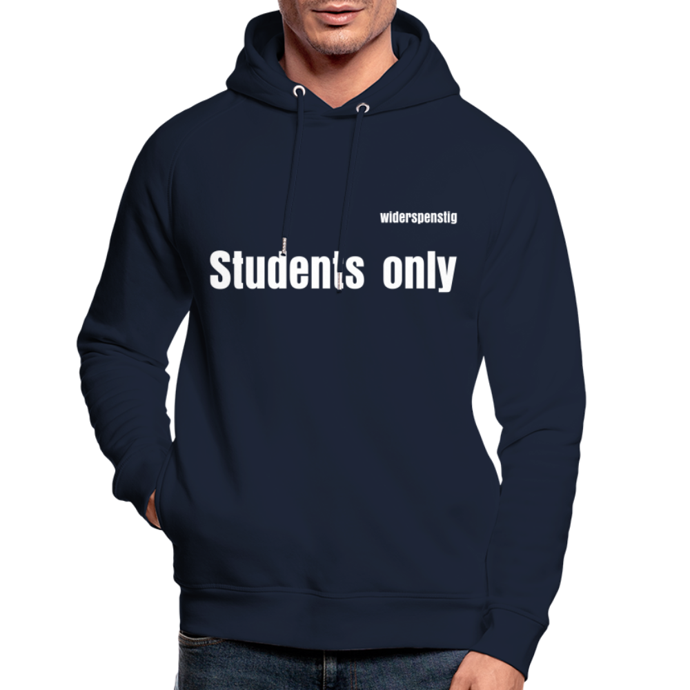 Männer Bio-Hoodie Navy Blue mit Aufschrift 'Students only' im sportlichen Raglanstil.