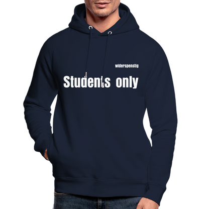 Männer Bio-Hoodie Navy Blue mit Aufschrift 'Students only' im sportlichen Raglanstil.