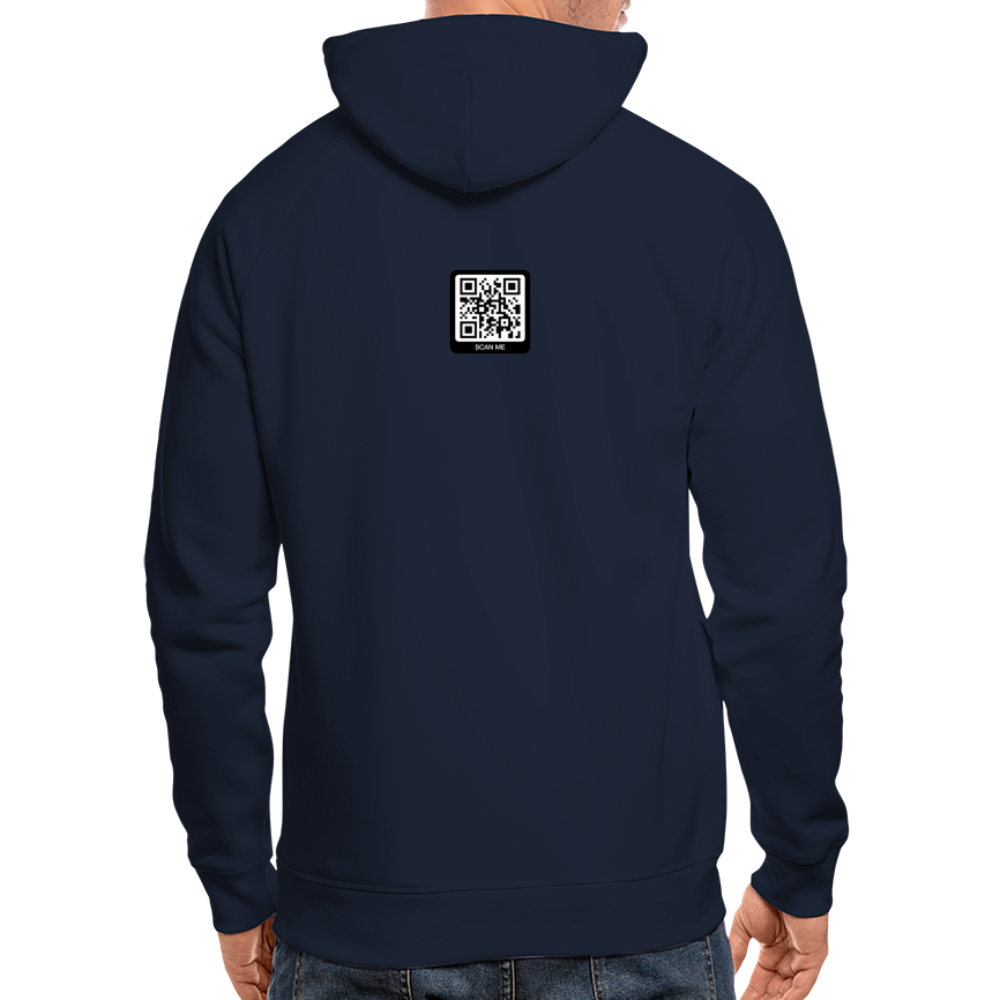 Männer Bio-Hoodie in Navy Blue mit QR-Code auf dem Rücken, ideal für lässigen Style und Komfort.