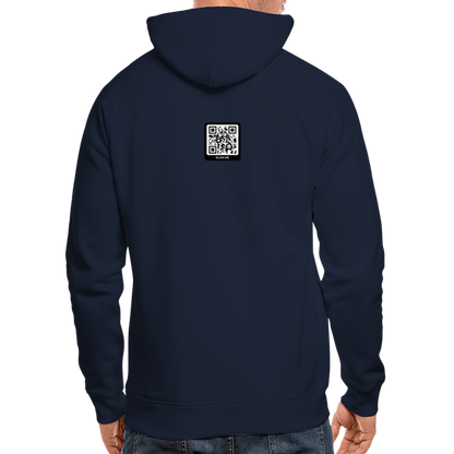 Männer Bio-Hoodie in Navy Blue mit QR-Code auf dem Rücken, ideal für lässigen Style und Komfort.