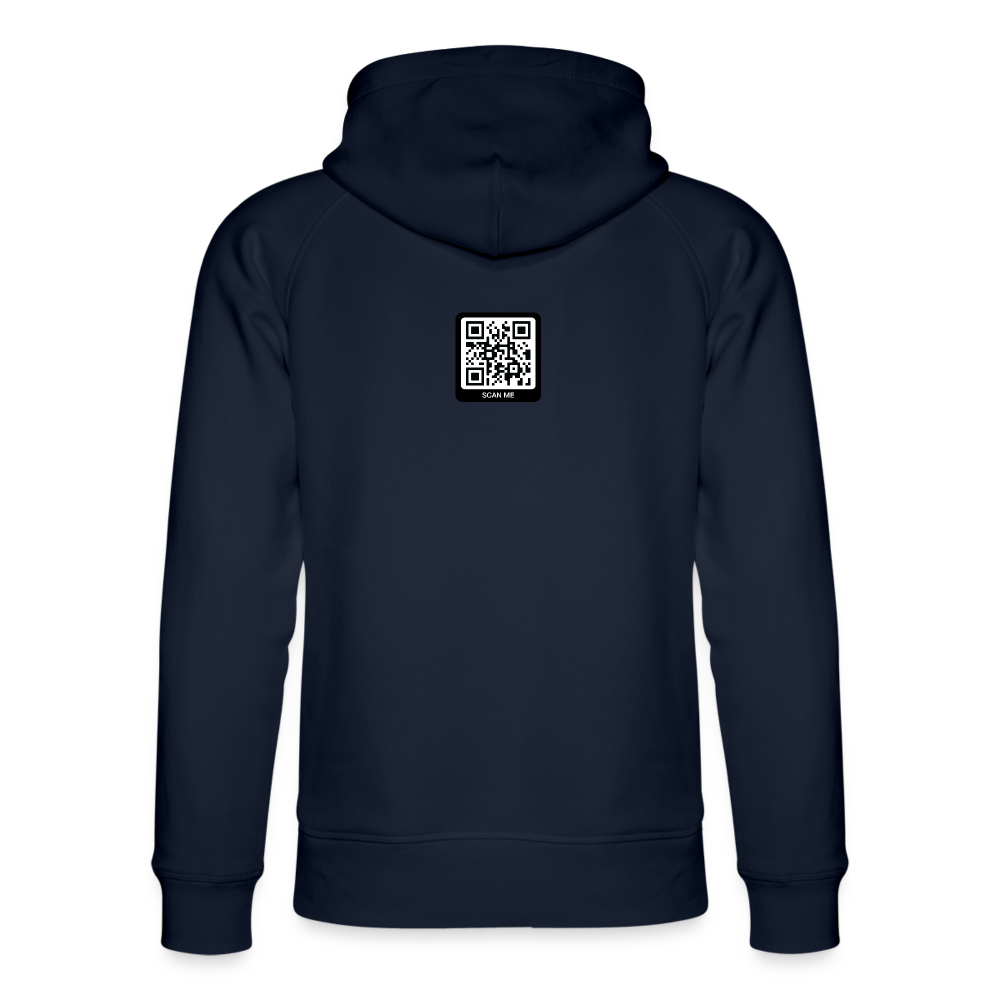 Navy blue men's bio hoodie featuring a QR code design on the back for trendy, functional style.