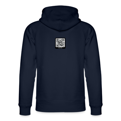 Navy blue men's bio hoodie featuring a QR code design on the back for trendy, functional style.