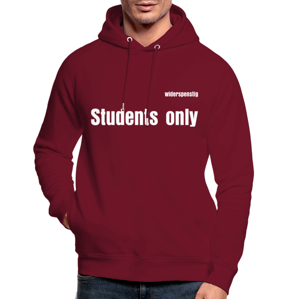 Männer Bio-Hoodie in Dunkelrot mit 'Students only' Schriftzug, lässiger stylischer Look.