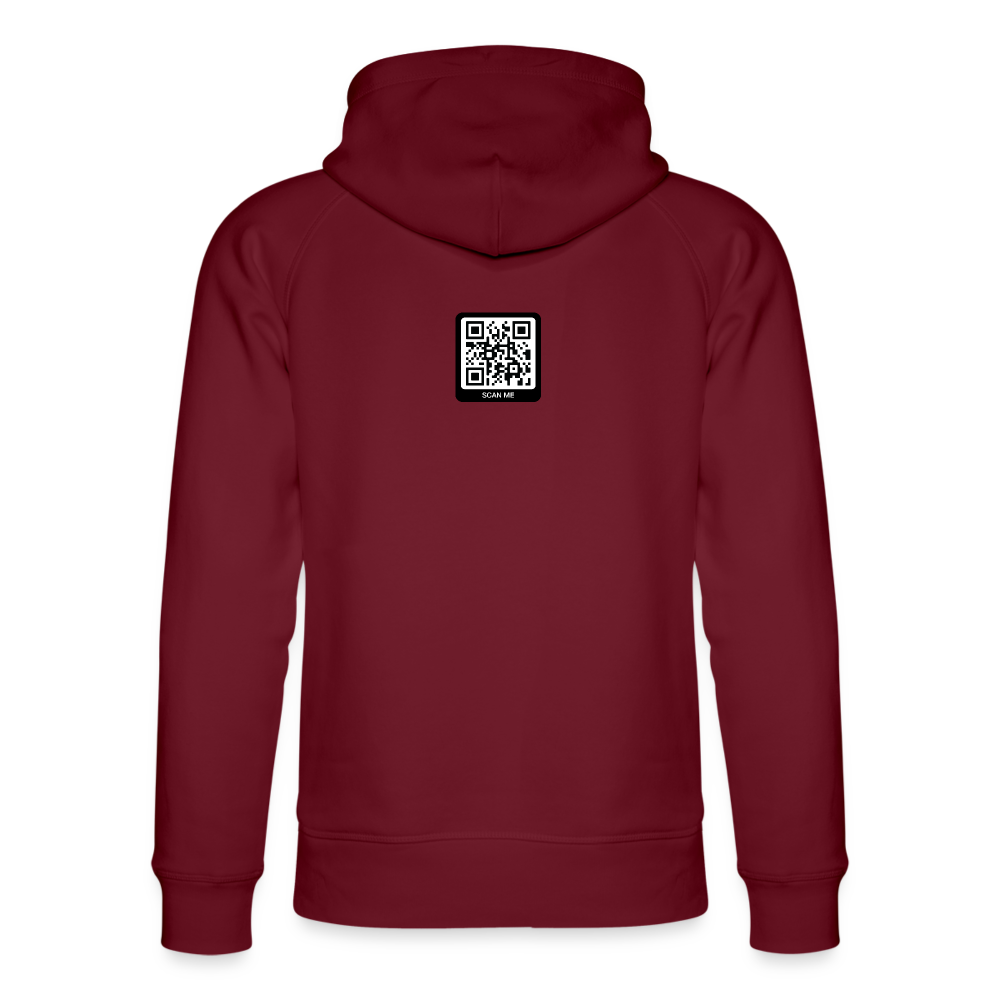 Rückansicht eines dunkelroten Bio-Hoodies mit QR-Code auf der Rückseite, ideal für lässige Outfits.