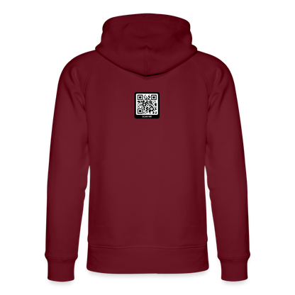 Rückansicht eines dunkelroten Bio-Hoodies mit QR-Code auf der Rückseite, ideal für lässige Outfits.