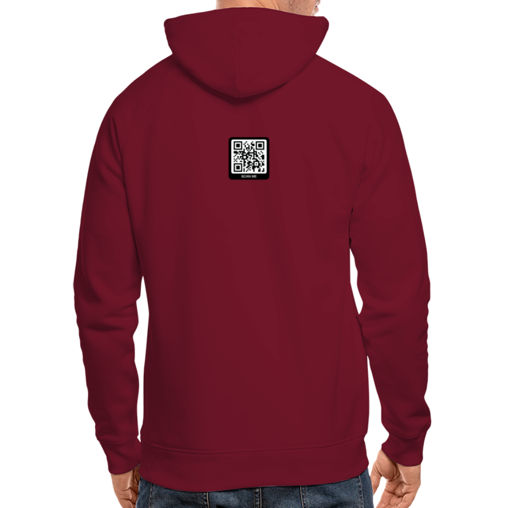 Männer Bio-Hoodie in Dunkelrot mit QR-Code auf der Rückseite, bequem und stylisch für jeden Anlass.